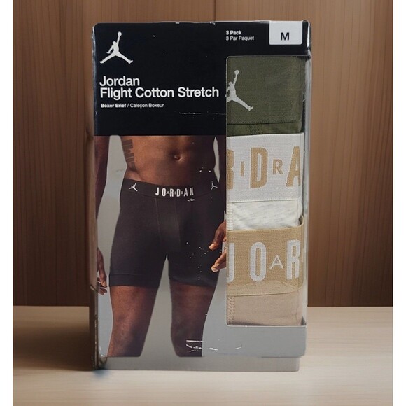 Jordan Flight Cotton Stretch Boxer Brief Mens Size Medium 3 Pack Olive White Tan - Picture 1 of 9